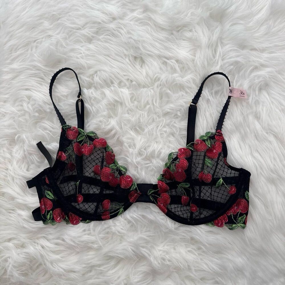 Victoria’s Secret Cherry Black Unlined Demi Embroidered Bra Cherry Black 36B